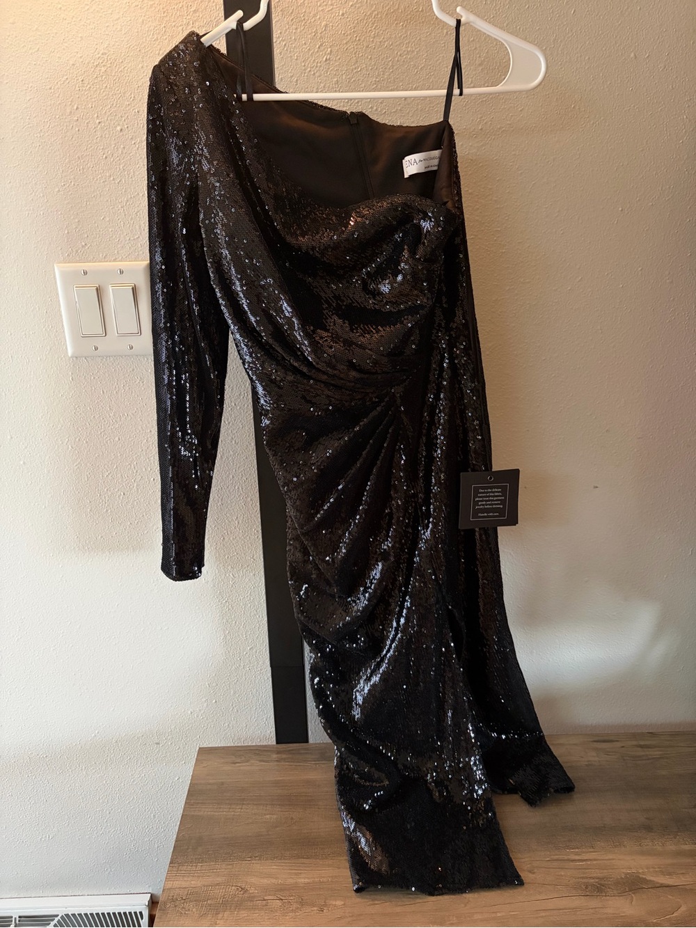 Mac Duggal Black Sequin One-Shoulder Midi Dress